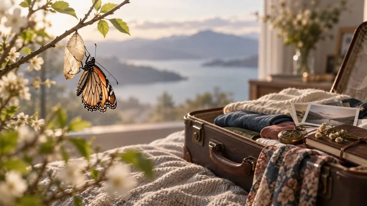 A butterfly emerging from its chrysalis beside an open suitcase overlooking a lake and mountains
